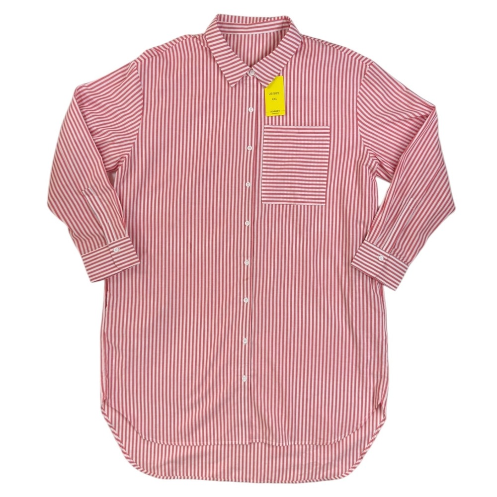 NEW Yoeasy Striped Shirt Dress XXL Coral White Cotton Pocket Beach Cover Up